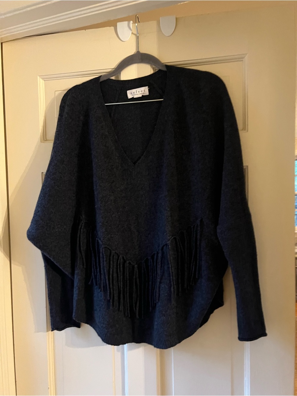 Velvet Charcoal cashmere Fringe V-Neck Sweater